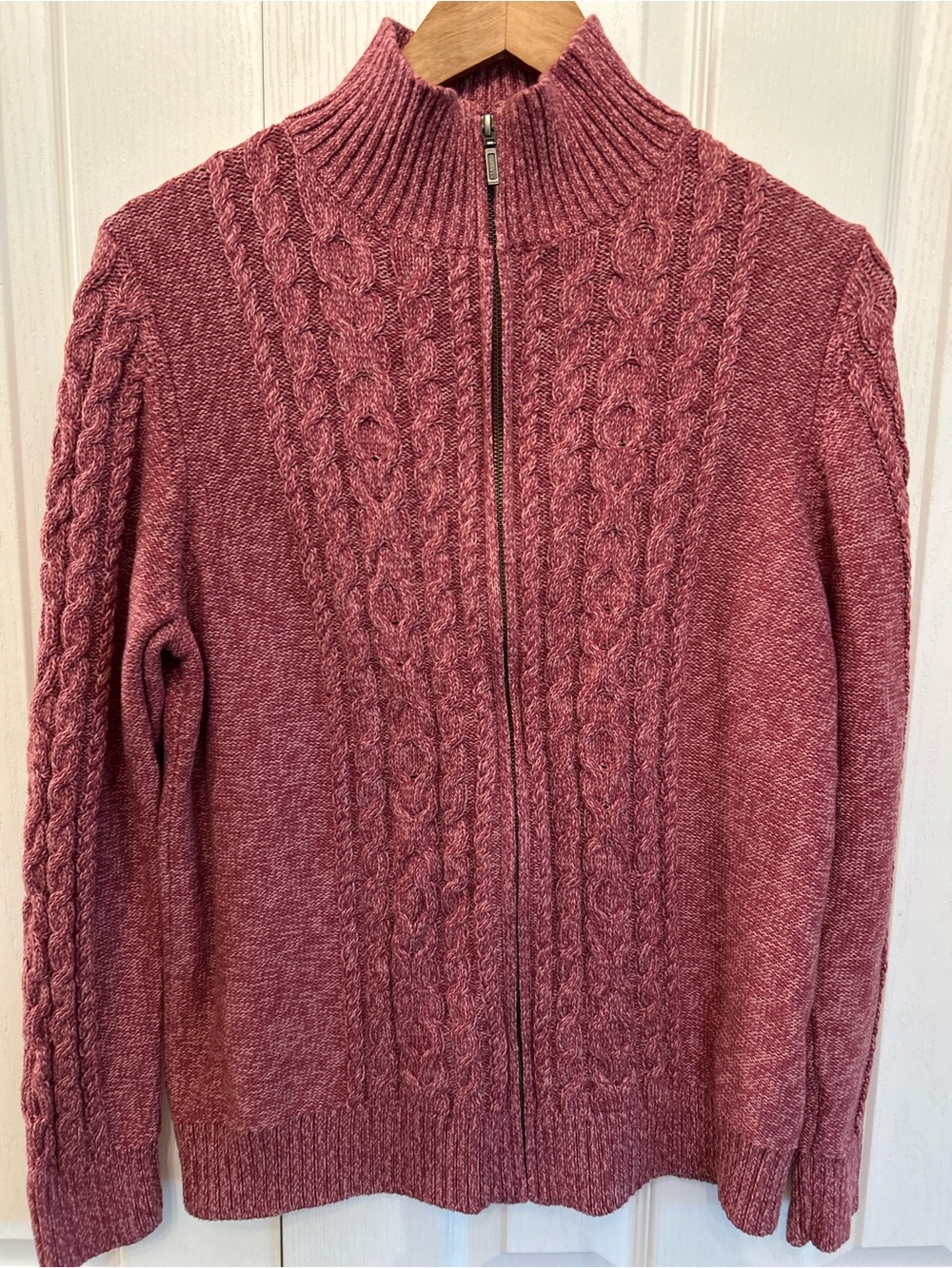 L.L.Bean Double L Cable Knit Full-Zip Cardigan Burgundy Rose XL